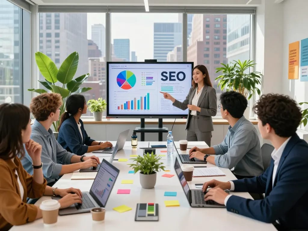 SEO Company in NYC team collaborating on digital marketing strategies in a modern office