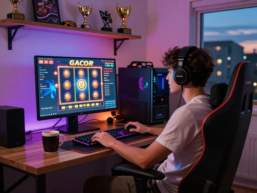 Exciting home gaming setup showcasing a player engaged in a slot gacor game, with vibrant visuals and cozy atmosphere.