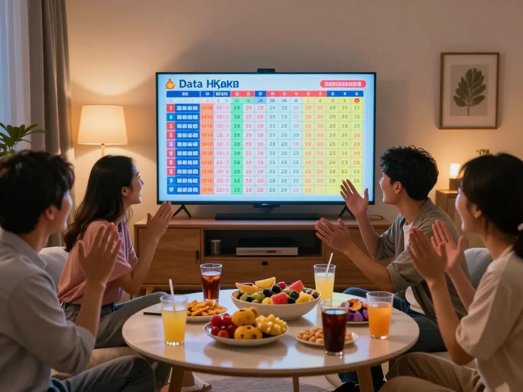 Friends celebrating and checking Data HK lottery results on screen in a cozy living room.