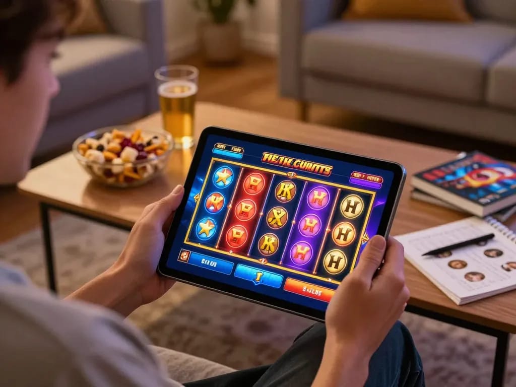 Engaging nohu gameplay on a tablet in a cozy living room environment