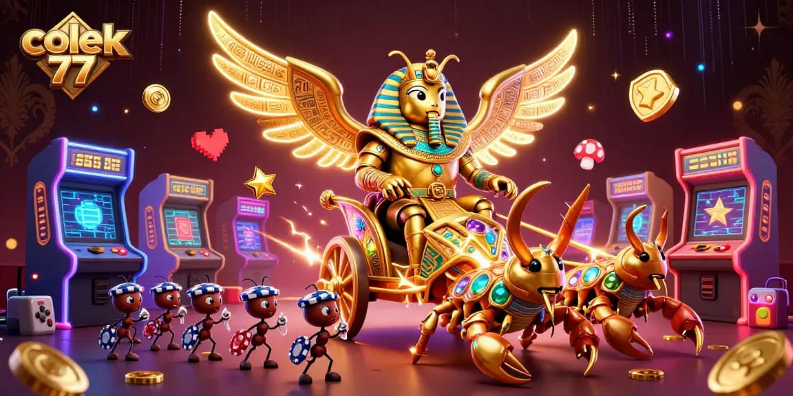 Engage in thrilling gameplay with colek 77, featuring a golden beetle chariot and vibrant casino elements.