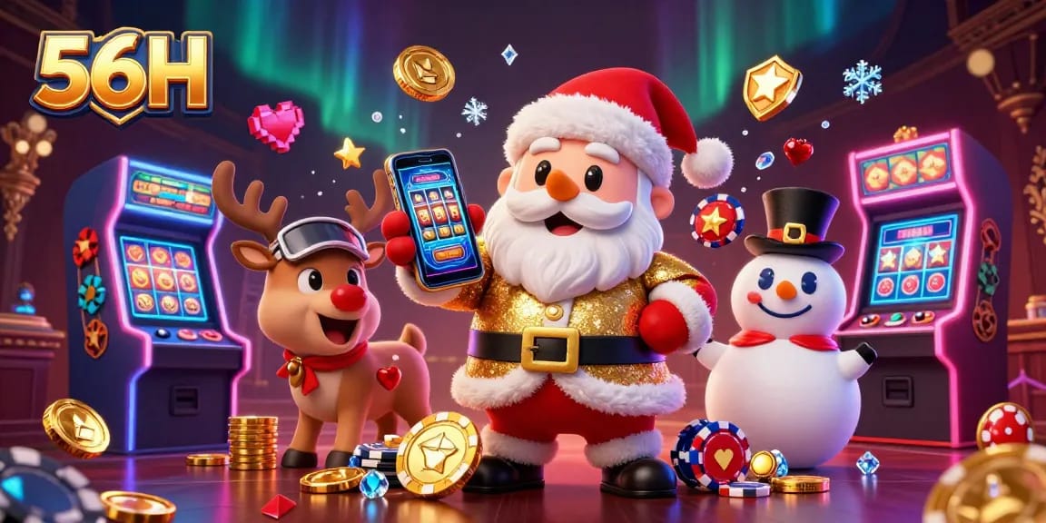 Experience the excitement of 56H with Santa and friends in a vibrant 3D casino scene.
