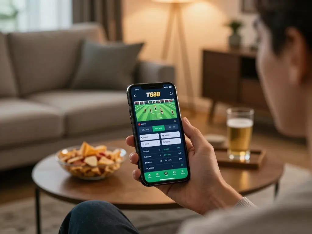 Engaging moment of a player using the TG88 sports betting app on a smartphone in a cozy home setting.