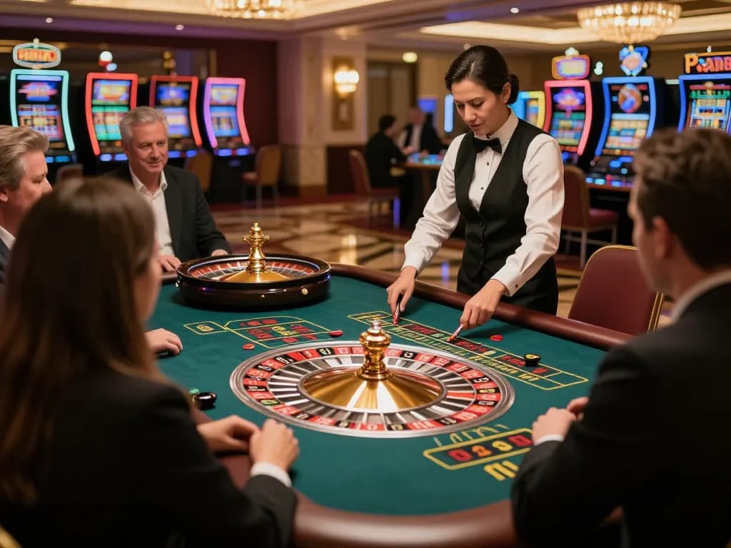 Celebrate big wins with slot gacor excitement at a stylish roulette table in a luxurious casino.