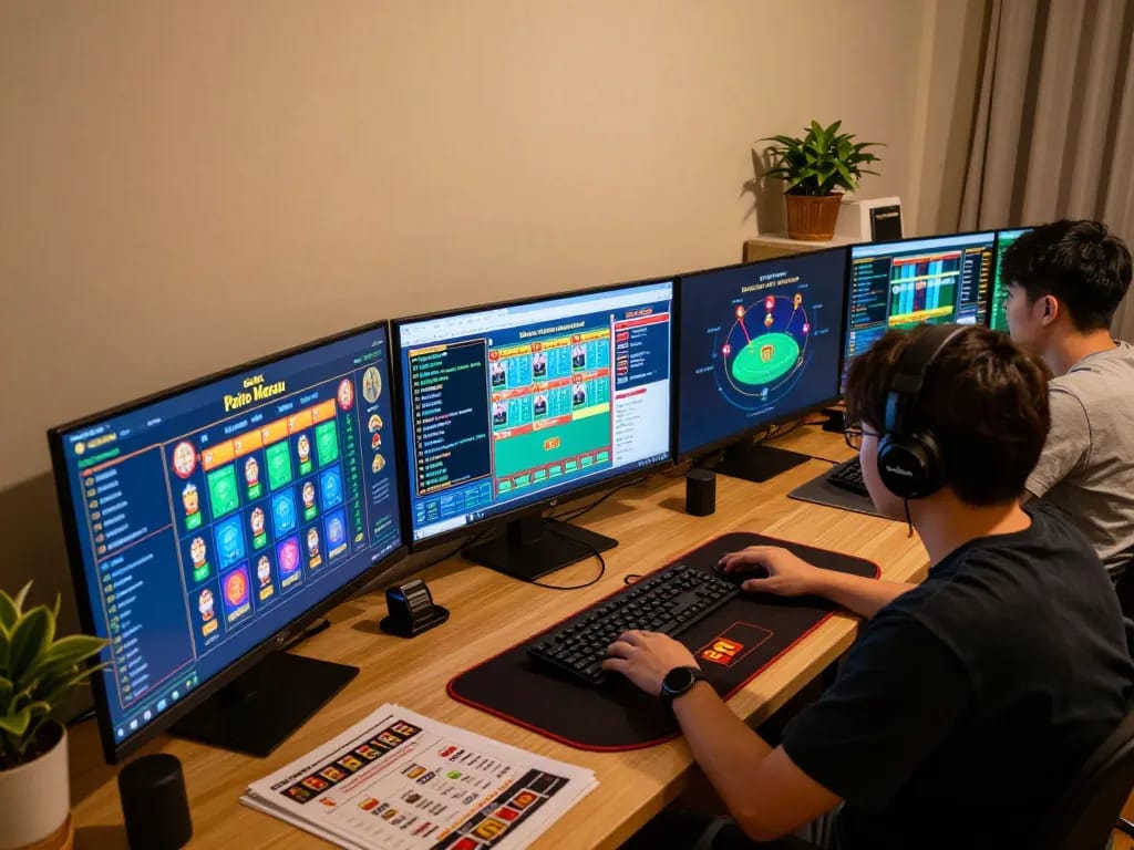Paito macau user strategizing bets on multiple screens in a cozy home gaming setup