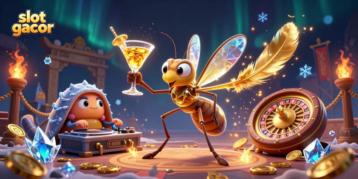Engage with slot gacor as a crystal-embellished casino scene featuring lively characters and dynamic elements.