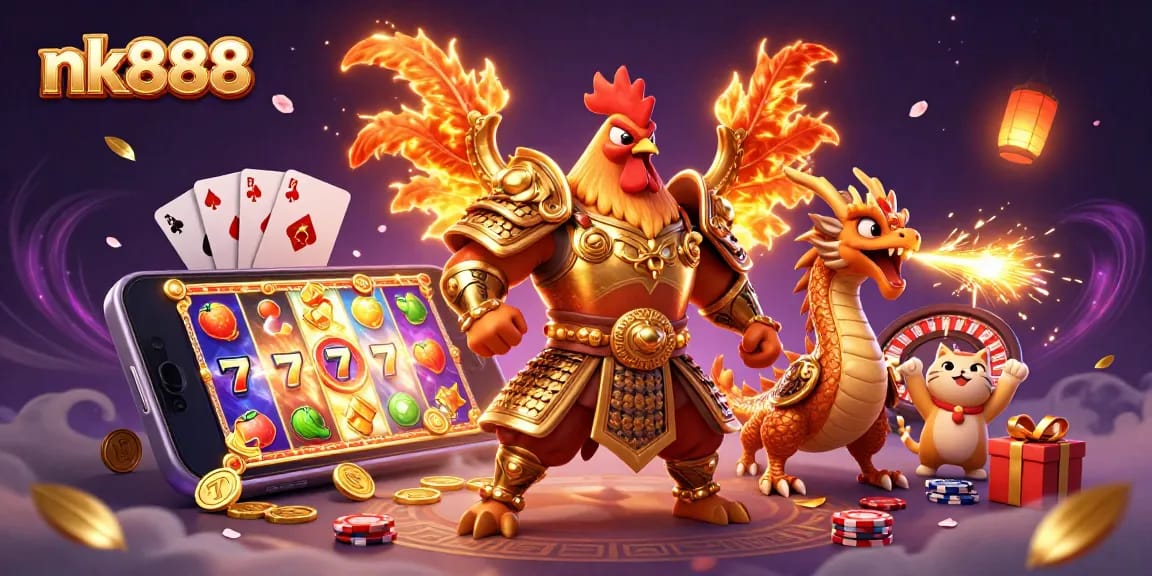 Experience thrill at nk888 with a warrior rooster and dragon amidst vibrant casino elements.