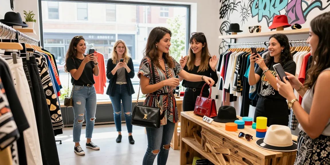 A young woman shops for a stylish 레플리카 handbag in a trendy urban store, immersed in a vibrant fashion experience.