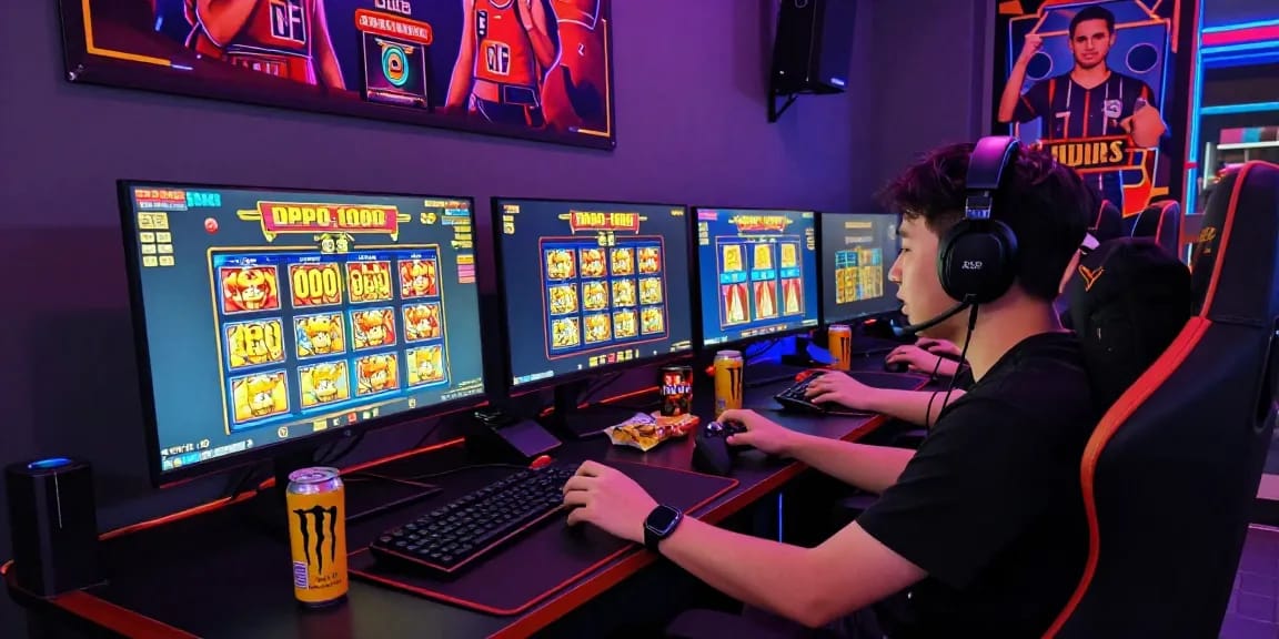 Engaging scene of a player immersed in slot depo 1000 games, showcasing vibrant gaming setup and atmosphere.