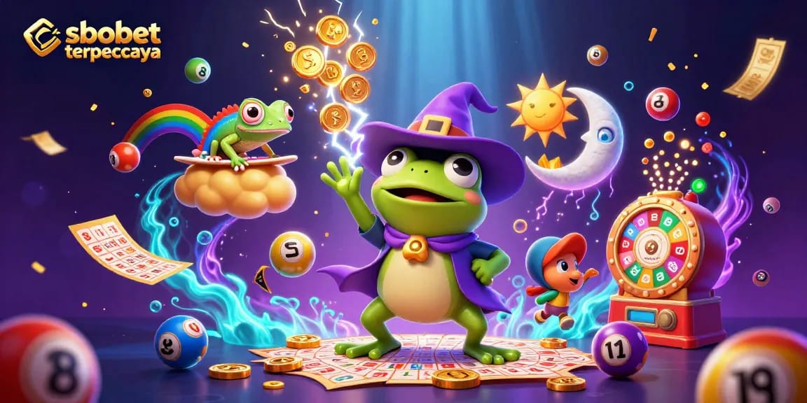 Experience sbobet terpercaya with exciting golden coin storms and vibrant gaming elements in a magical scene.