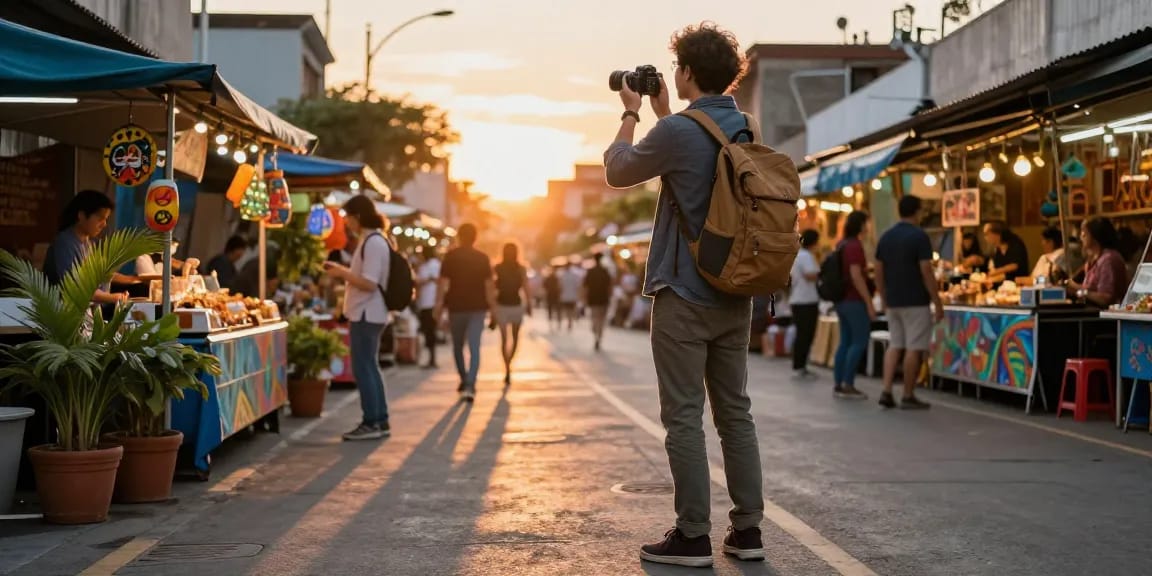 Rokok88 travel exploration in a vibrant city during sunset, showcasing local markets and cultural experiences.