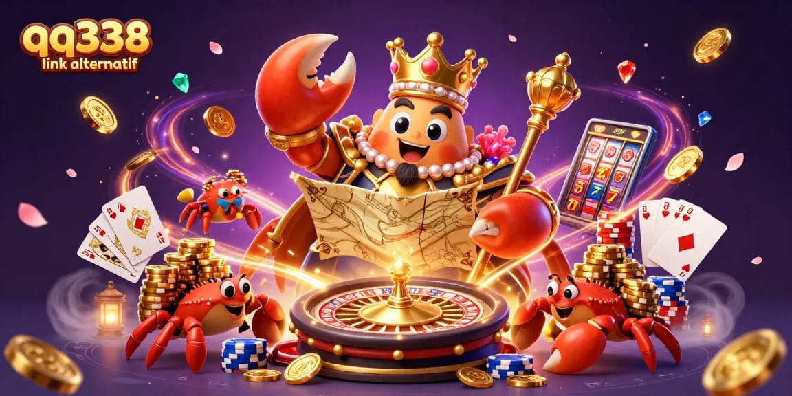 Experience the thrill of gaming with qq338 link alternatif, featuring a majestic crab emperor and vibrant gambling elements.