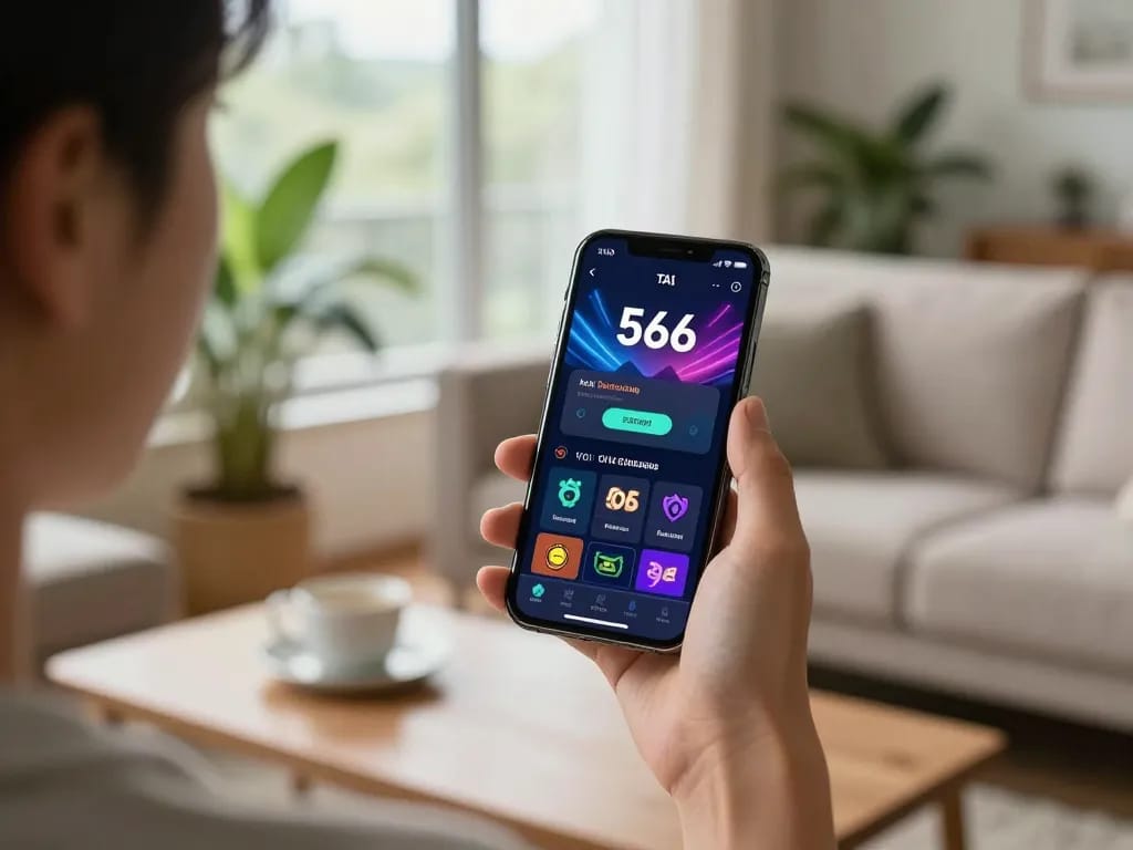 Tải app 566 on a smartphone with a vibrant gaming interface, showcasing mobile gambling features.