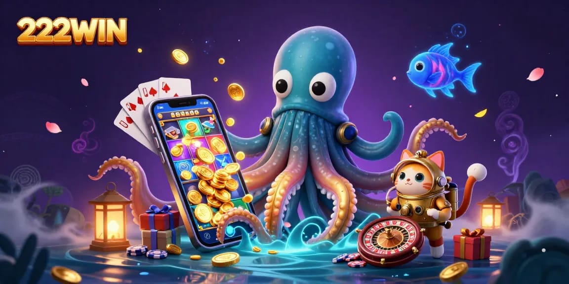 Experience excitement with 222WIN as the kraken and cat dive into a treasure-filled ocean.
