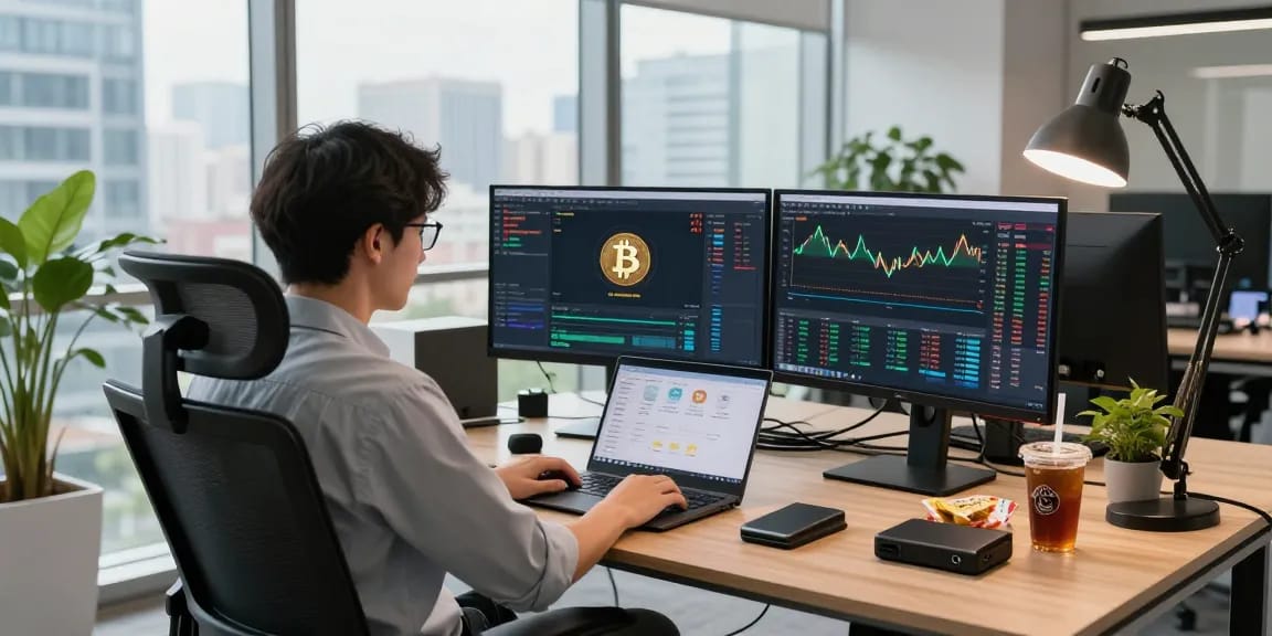 Bitcoin mining investment shown in a professional crypto workspace with mining software, market charts, and secure hardware wallet.