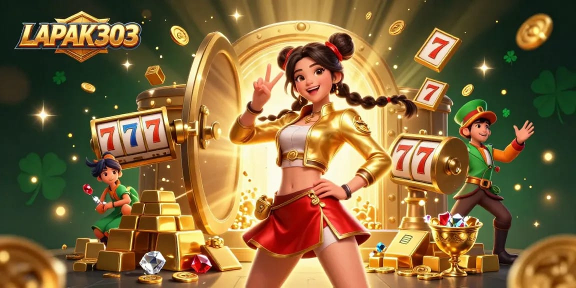 LAPAK303 engages players with vibrant slot reels and dynamic winning elements in a festive 3D casino scene