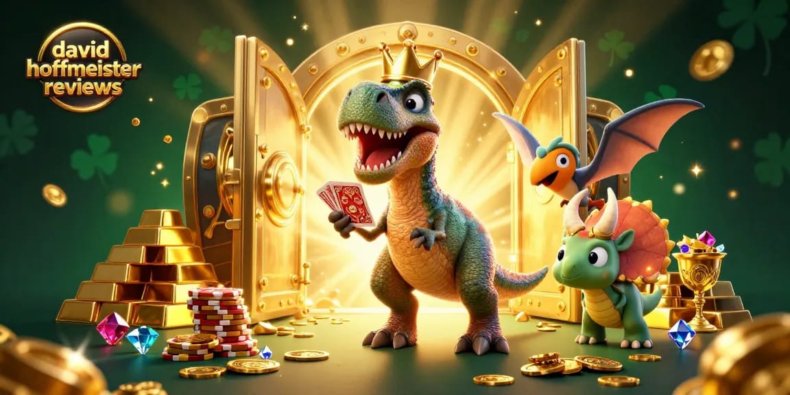 Engaging david hoffmeister reviews illustration featuring a T-Rex shuffling cards from golden casino treasure.