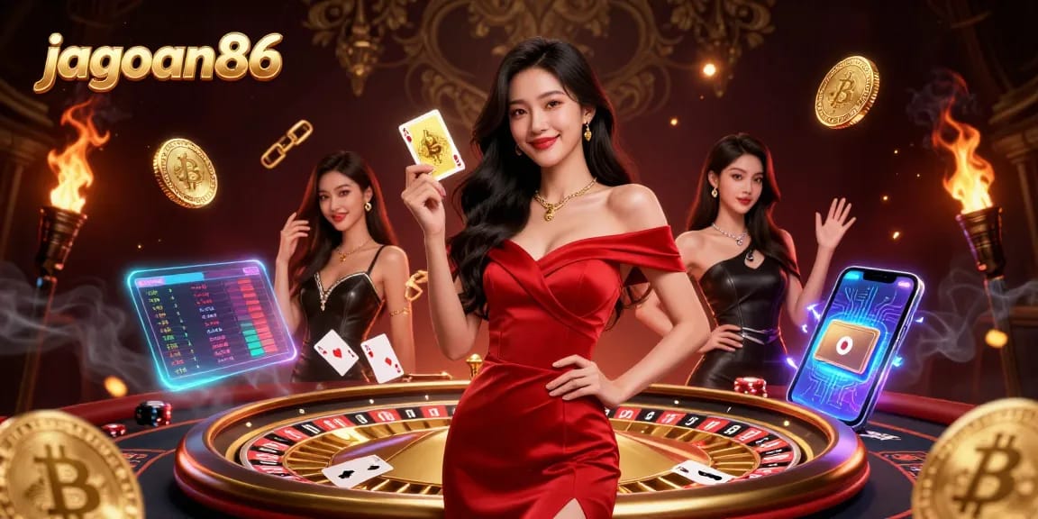Engage with jagoan86 in a vibrant 3D casino scene featuring a confident dealer and golden gameplay elements.