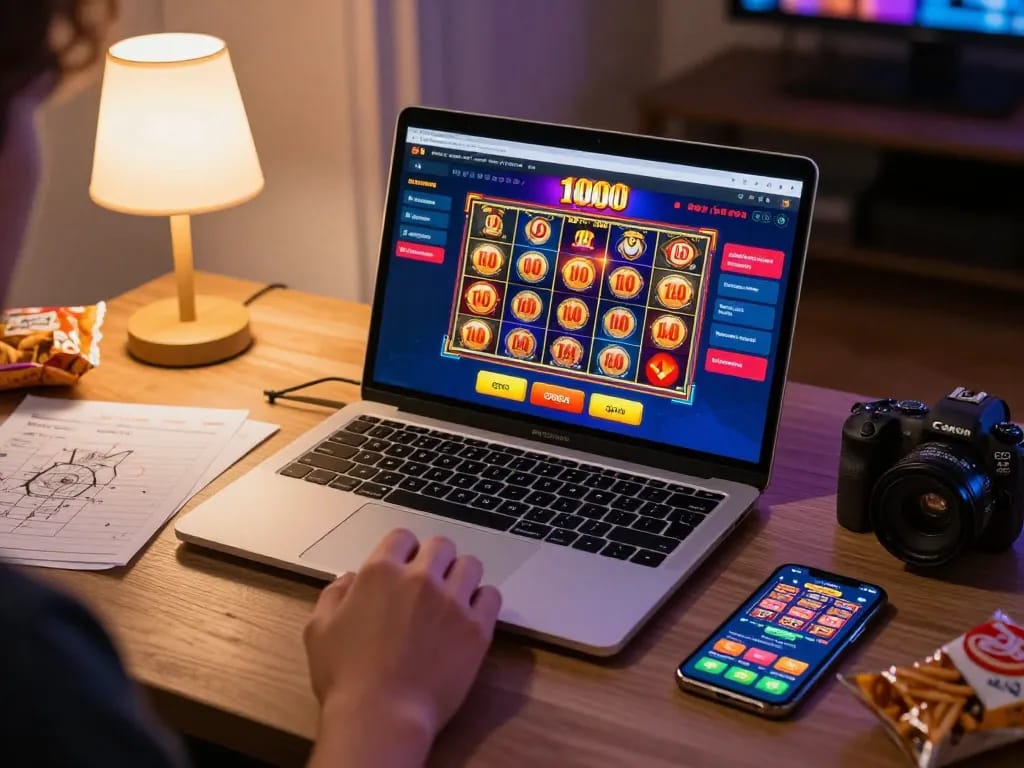 Engaging online gaming scene featuring slot deposit 1000 gameplay on a laptop, illustrating interactive casino environment