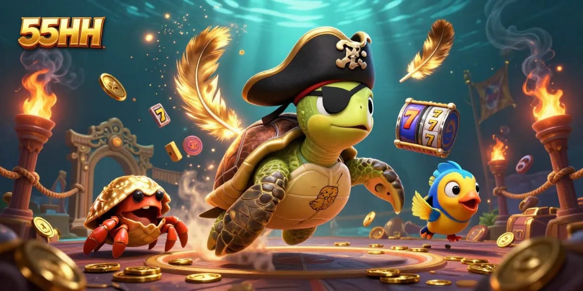 Experience thrilling casino adventure at 55HH with turtle, crab, and fish floating over treasure.