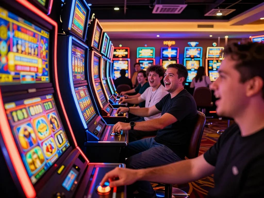 Engaged players enjoying 8xx slot games on vibrant casino floor with colorful lights.