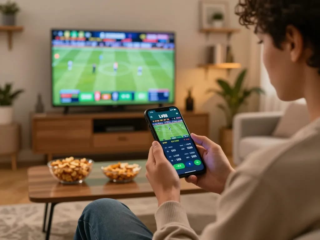Betting on LV88 with smartphone while enjoying a game in a cozy home setup.