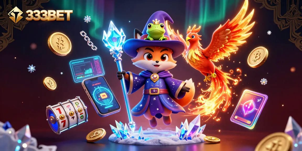Engage in thrilling gaming adventures at 333BET with vibrant slot reels and mystical characters.