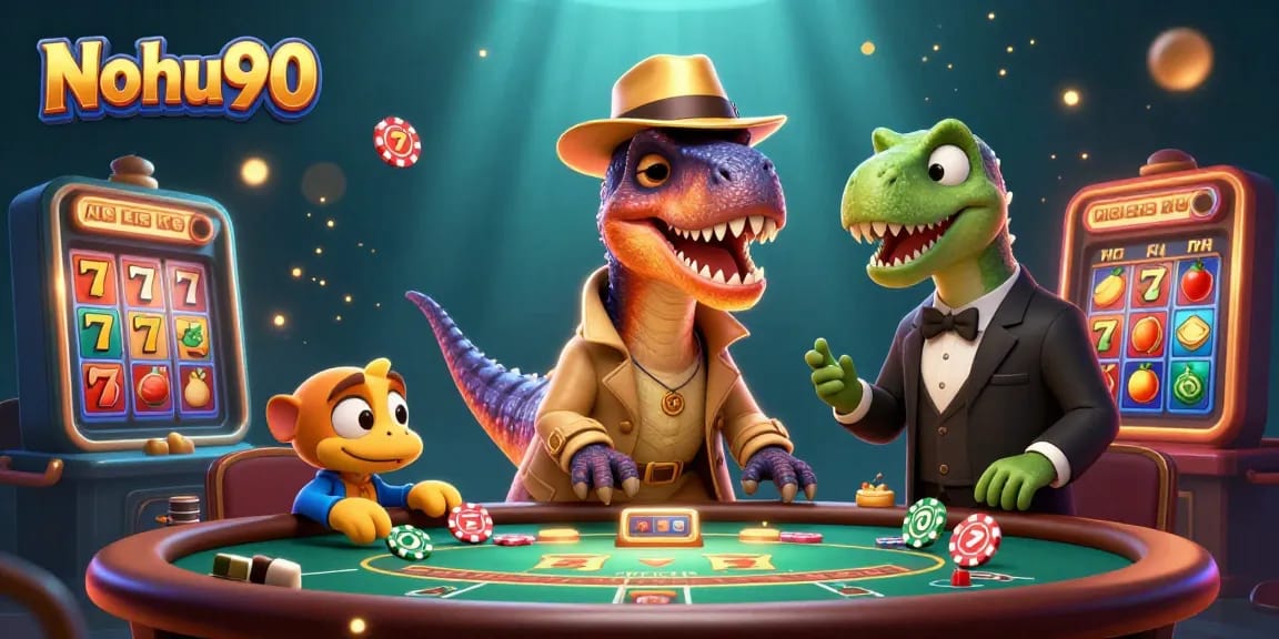Nohu90 showcases a comedic scene with a velociraptor card counter and characters in an exciting casino atmosphere.