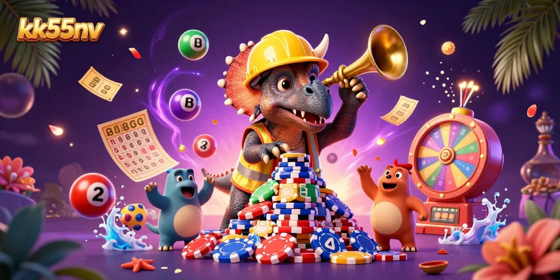 Engage with the casino excitement of kk55nv, featuring a vibrant 3D scene with gaming characters and lottery elements.