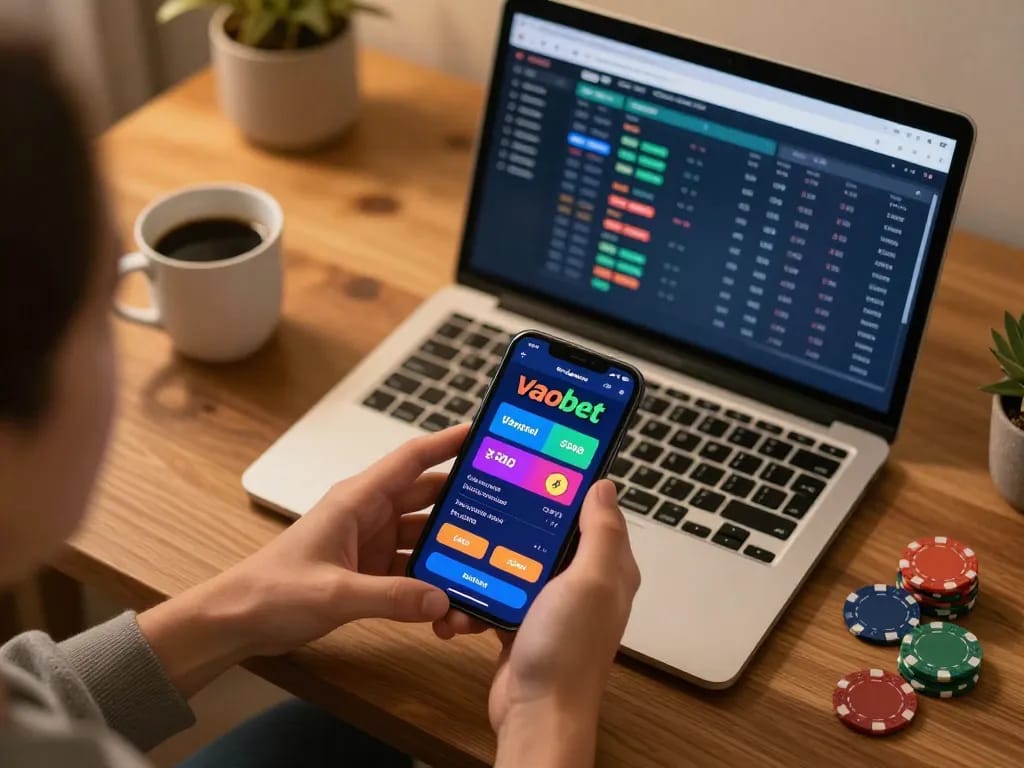 Engaged player placing strategic bets on the vaobet app using a smartphone in a cozy home setting.