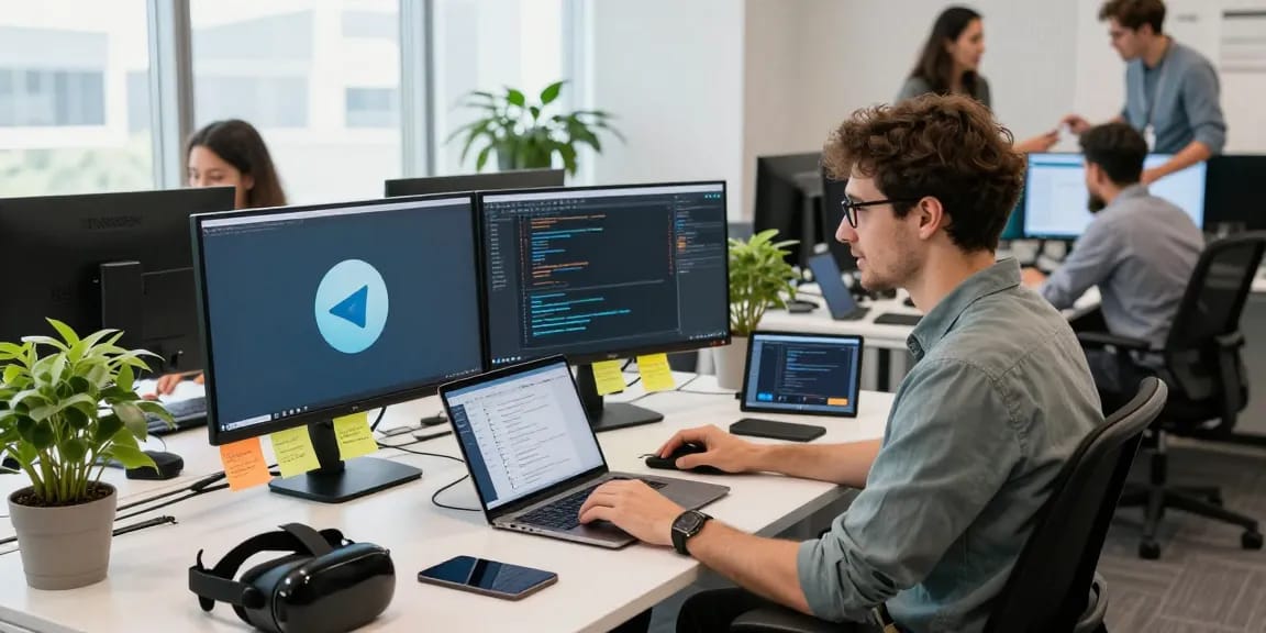 Dynamic tech workspace featuring a programmer focused on coding and Telegram, fostering a collaborative environment.