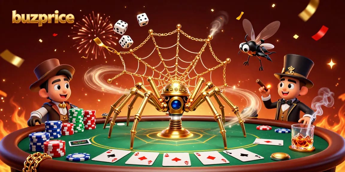 Spin the reels for jackpots at buzprice with an engaging casino-themed illustration of a golden spider and characters.
