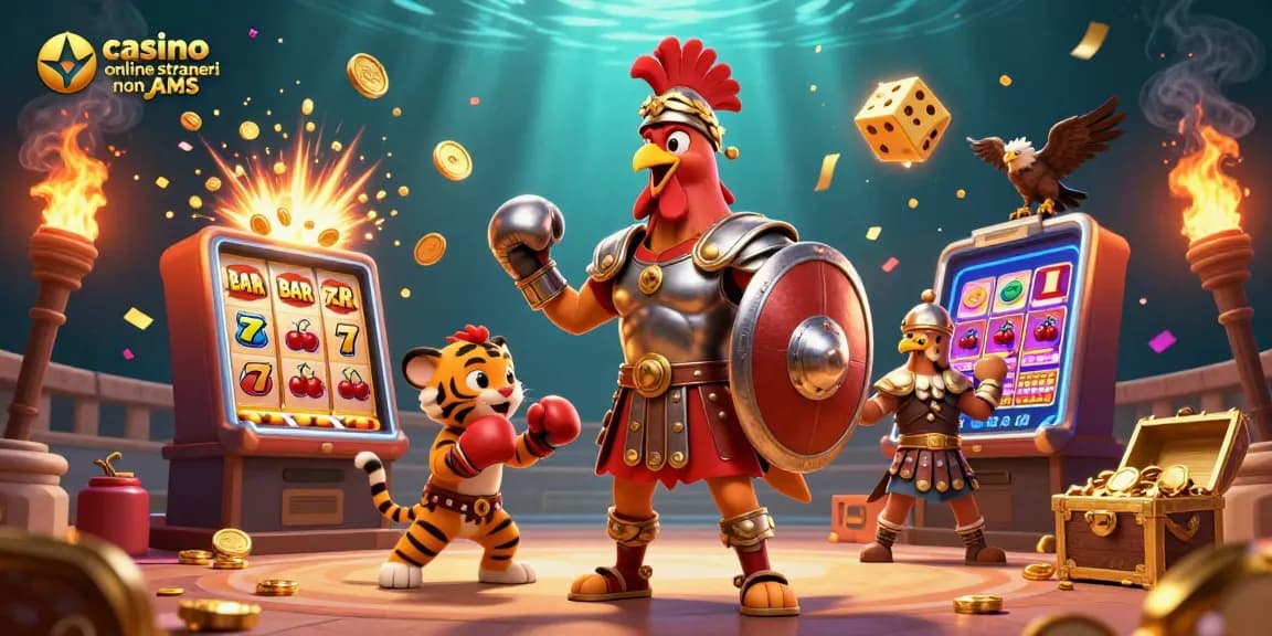 Visualizza un'arena con casino online stranieri non AAMS e personaggi in azione, tra cui un gallo gladiatore e un cucciolo di tigre.