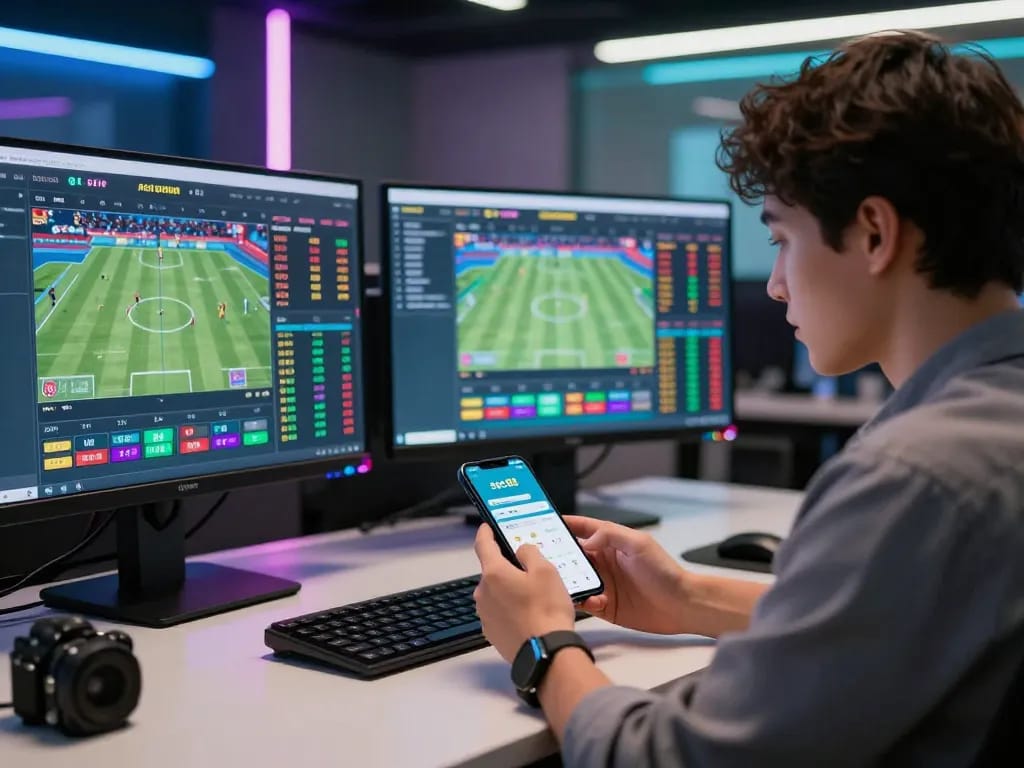 Engaging sport betting scene with a player using the soc88 app to place wagers at home, showcasing modern technology and excitement.