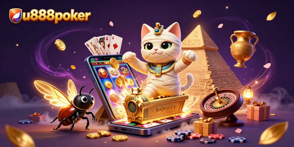 Experience thrilling action at u888poker with the energetic Egyptian mummy cat in a vibrant casino scene.