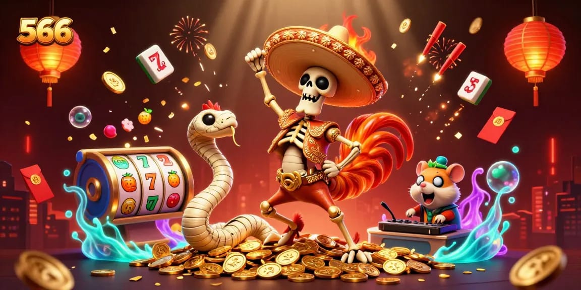 Engage with casino excitement at 566 with vivid 3D characters amidst slot reels and golden treasures.
