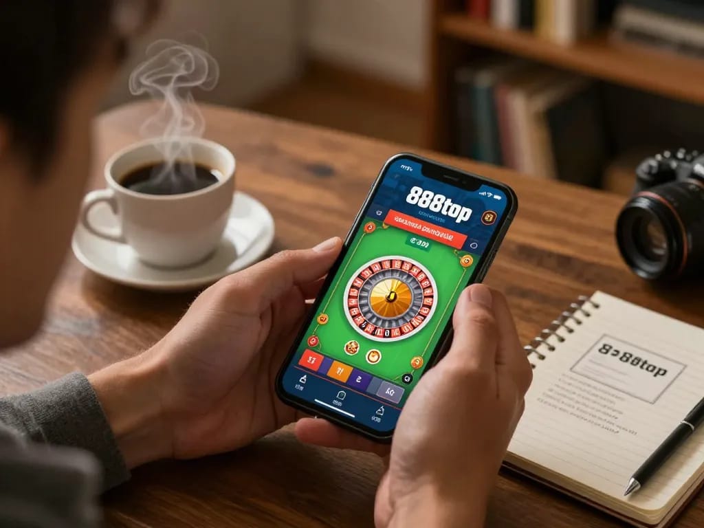 Player engaged in an exciting game on the 888top shop mobile app, surrounded by a cozy home setting.