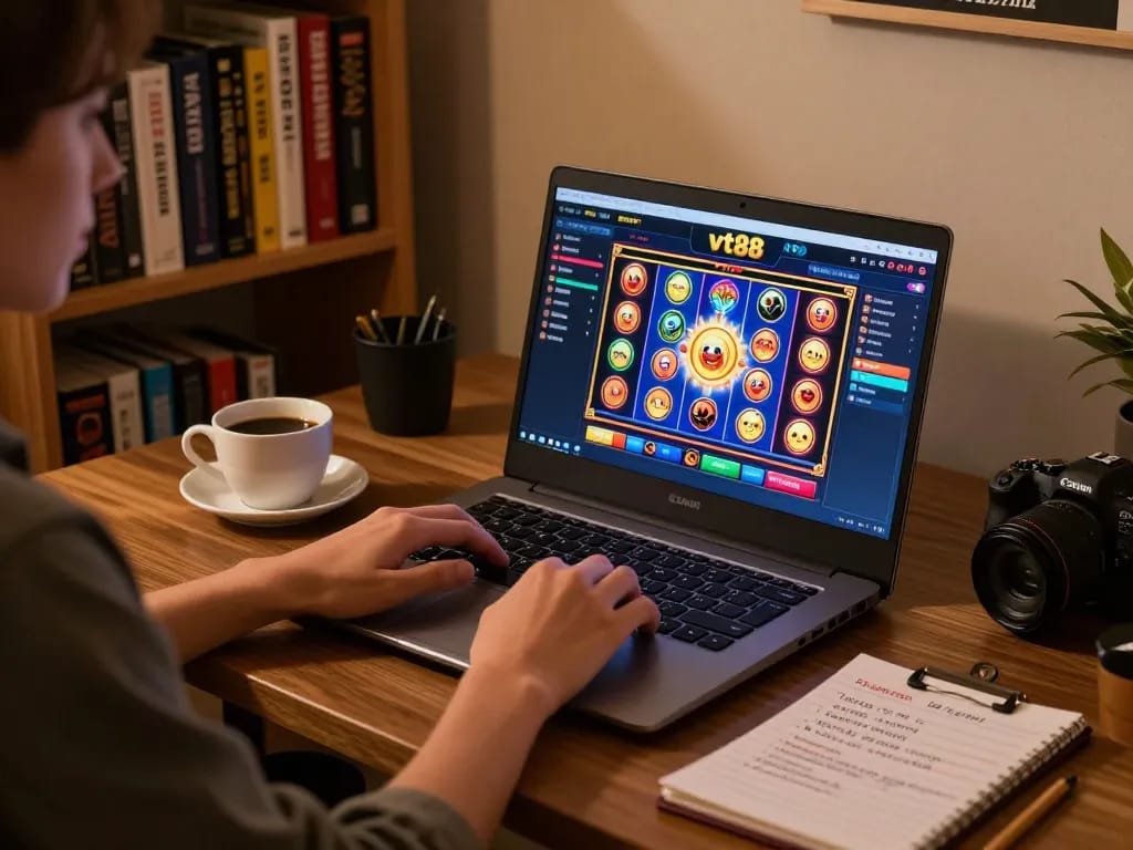 Engaging in vt88 online casino with a vibrant slot game and bankroll notes on the table