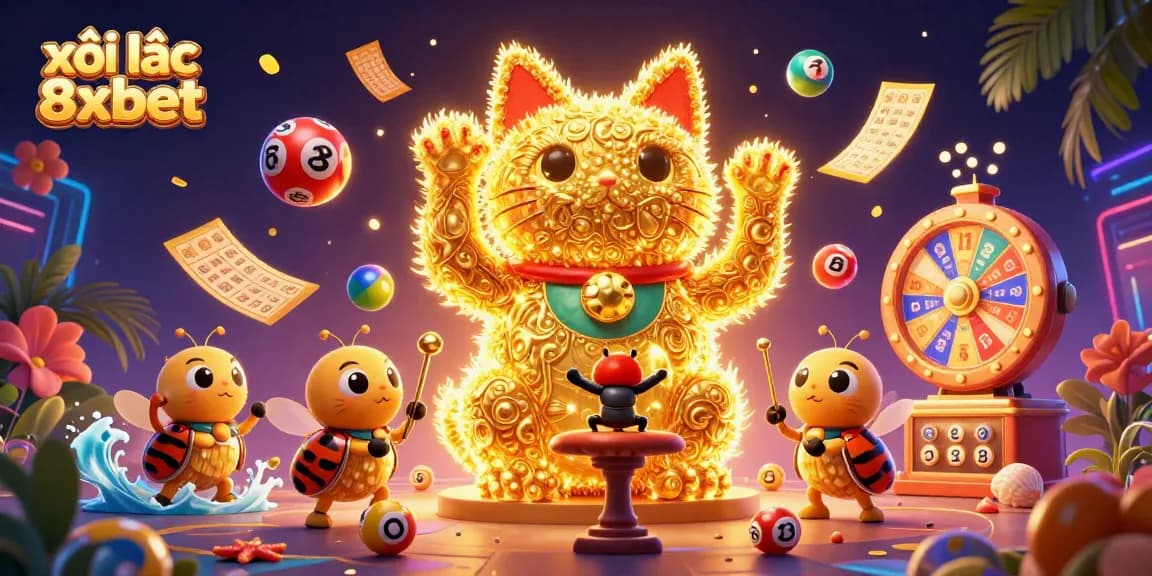 xôi lạc 8xbet features an exciting 3D illustration of a lucky cat, casino symbols, and vibrant lottery elements.