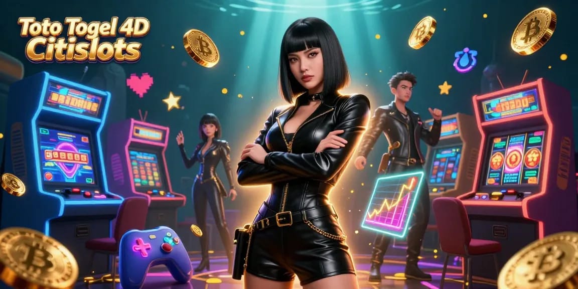 Engage in Toto Togel 4D Citislots as stylish Asian woman empowers the gaming experience amidst vibrant digital elements.