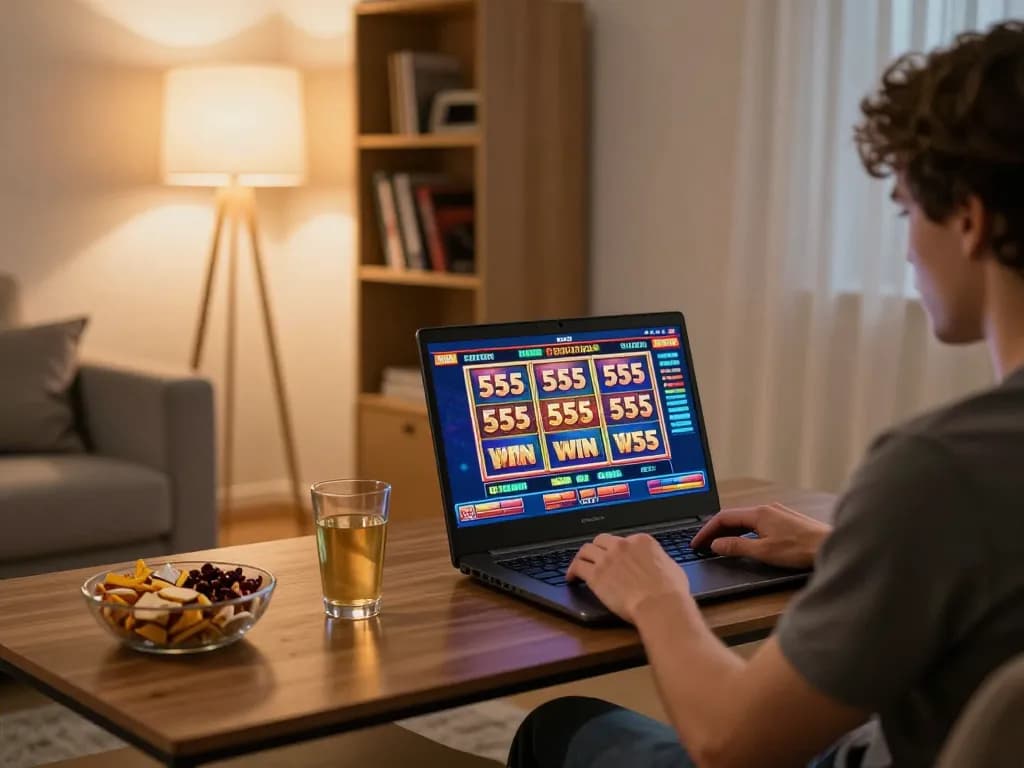 Engaging scene of online gameplay on 555 win slots, showcasing a player immersed in their gaming experience.