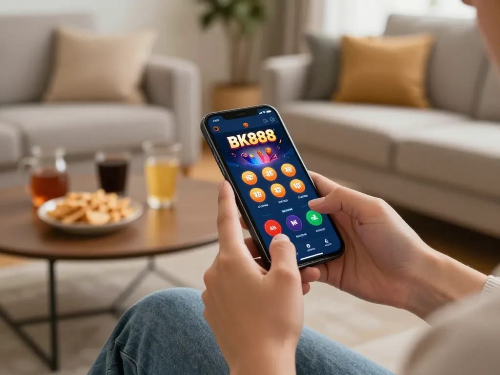 Engaging with the BK888 app on a smartphone in a cozy home setting for responsible gaming
