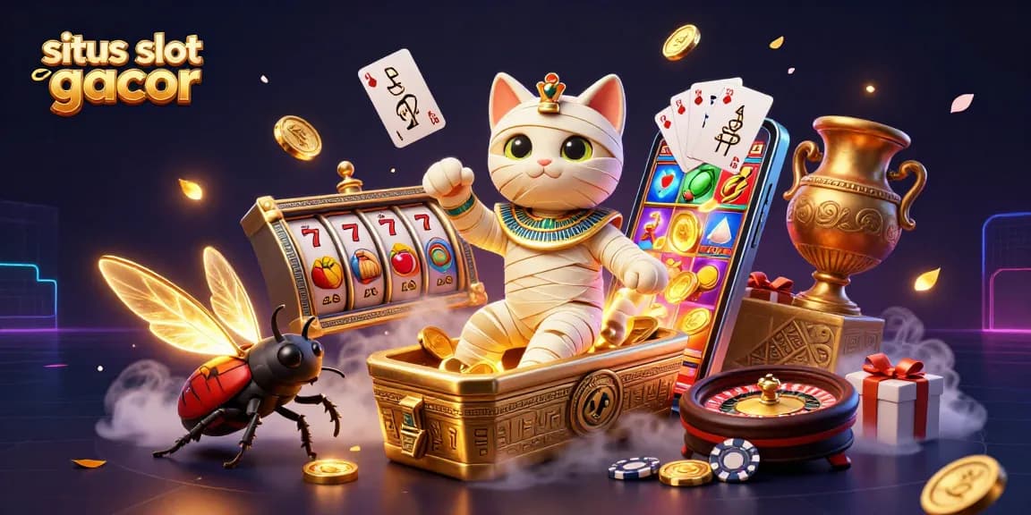 Win big with situs slot gacor featuring a 3D cartoon Egyptian mummy cat and golden slot game elements!