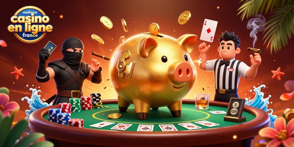 Illustration dynamique "meilleur casino en ligne France", avec un sumo en forme de tirelire dorée et un ninja, incarnant l'esprit du jeu d'argent.