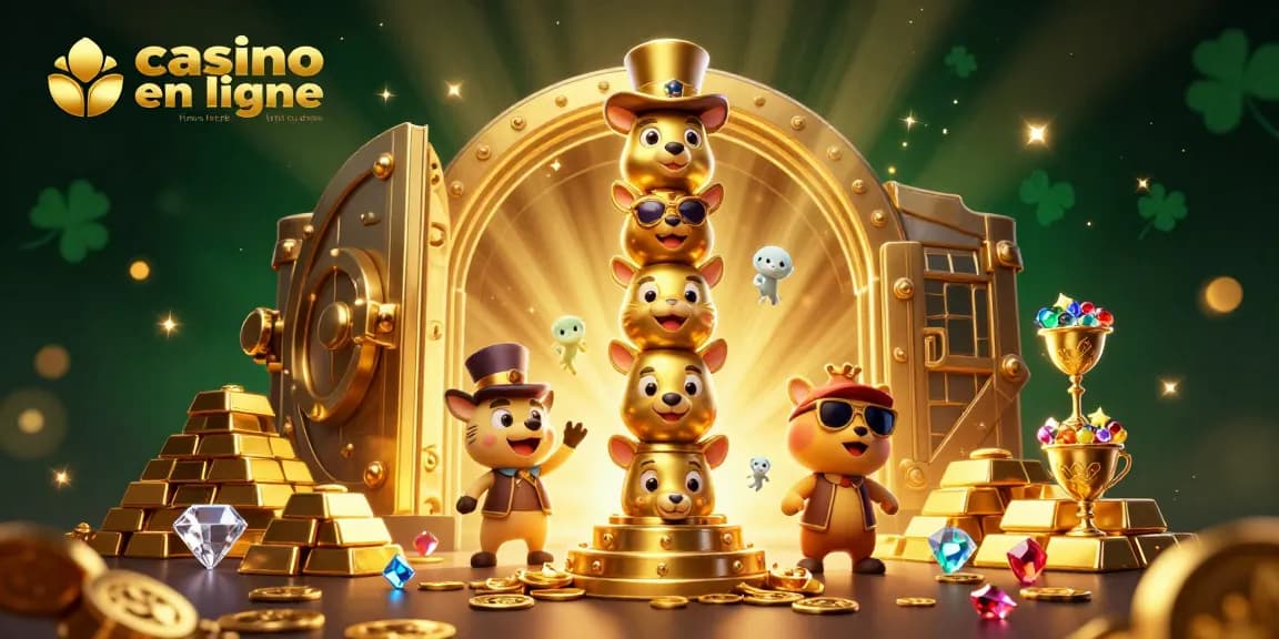 Un totem 3D représentant "casino en ligne france légal ou pas" entouré de trésors et de jeux de casino scintillants.