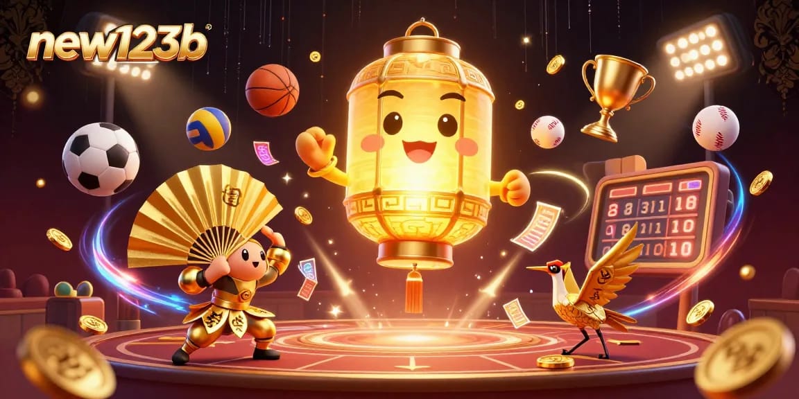 Experience thrilling games at new123b, illuminated by a golden lantern spirit and dynamic sports elements.
