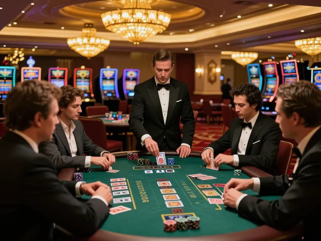 G28 players strategizing at a luxurious blackjack table in a vibrant casino setting.