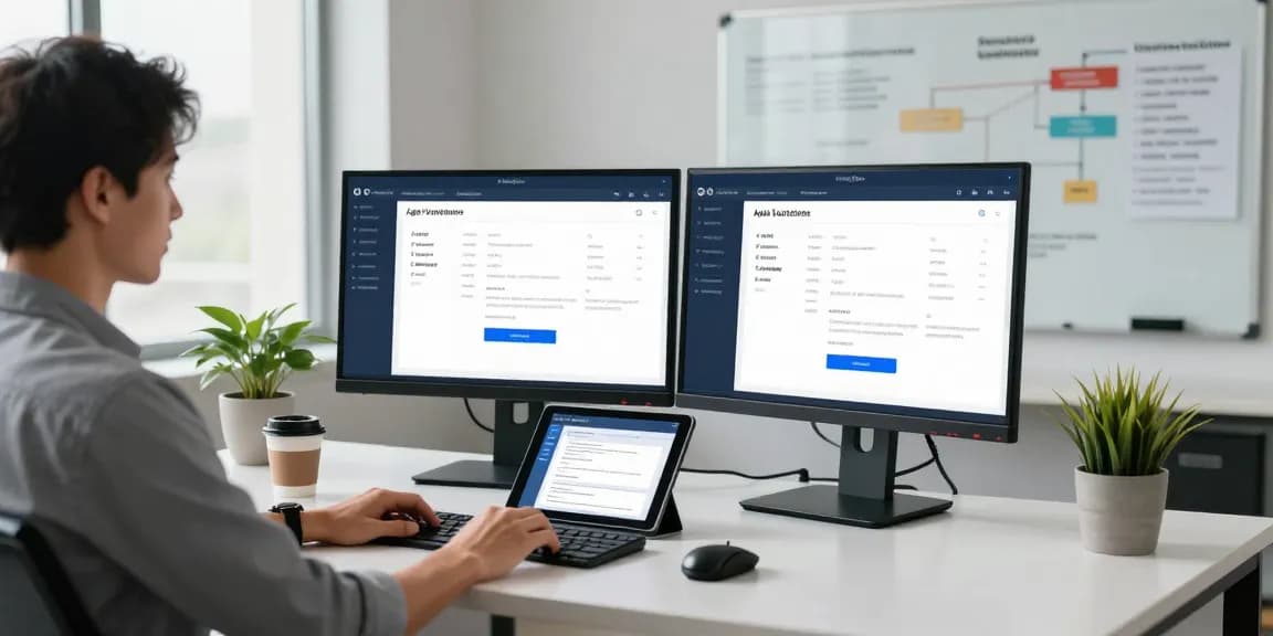 Developer working on an age verification system with dual monitors in a modern office, emphasizing secure user experience.