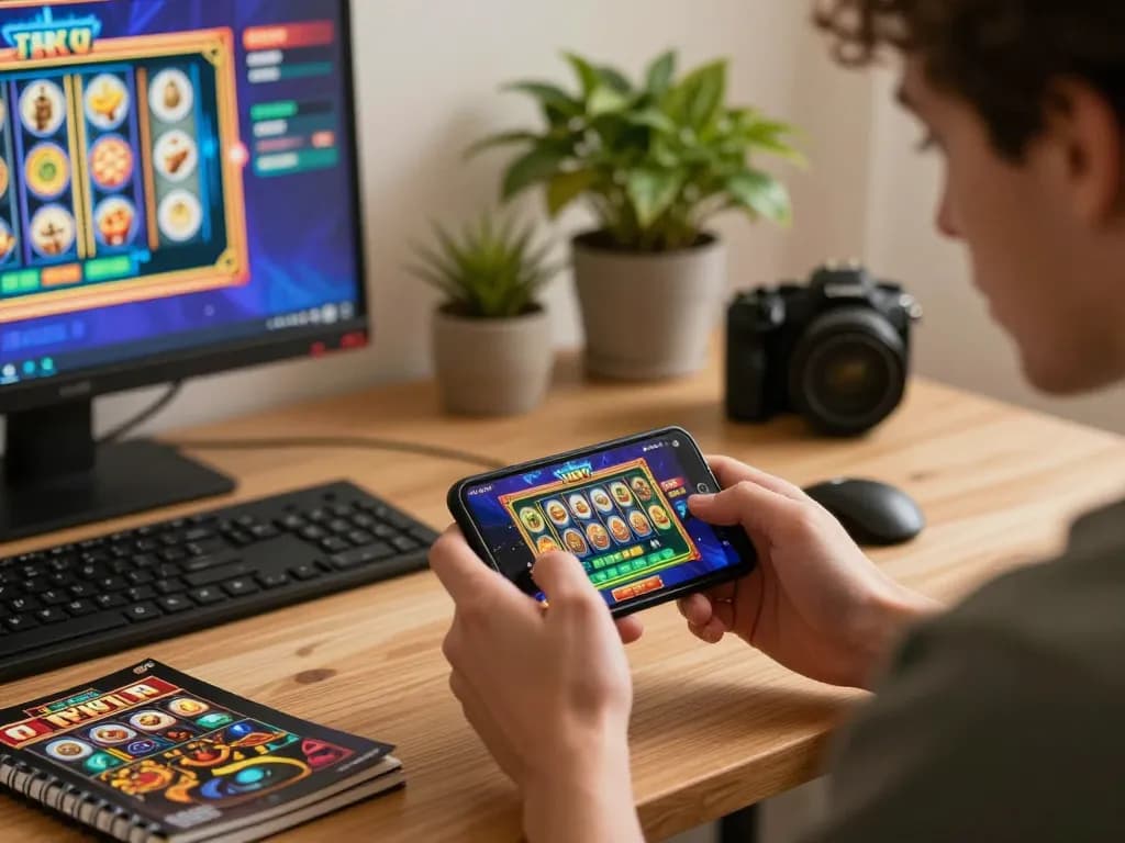 Player using 678vip app on smartphone in a cozy home setting, engaging in online gambling with strategic focus.