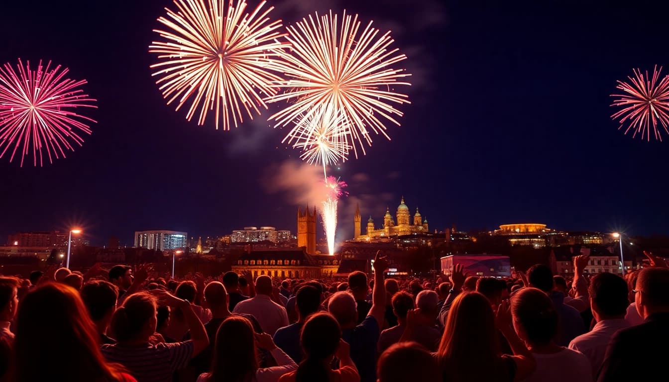 People enjoy the stunning manchester fireworks display lighting up the night sky.